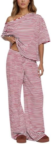 Ythomm Striped Pajama Sets Womens Two Piece Lounge Outfits Short Sleeve Off Shoulder Shirts Drawstring Pants Matching Pj Sets by Ythomm