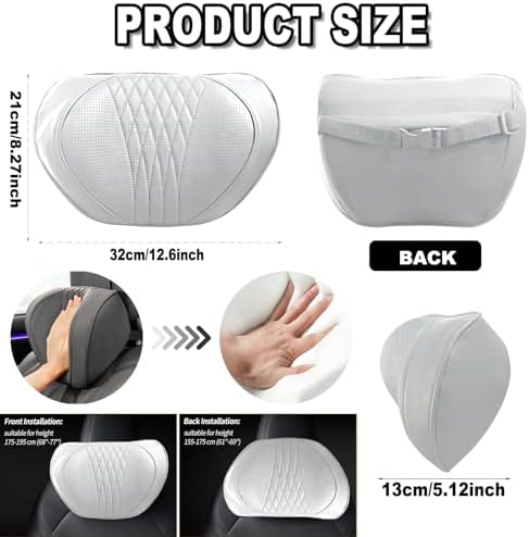 Car Neck Pillow, Memory Foam Headrest Support with Soft Nappa Leather-Feel Cover and Adjustable Strap for Driving, 2 Pack, Grey - Image 3