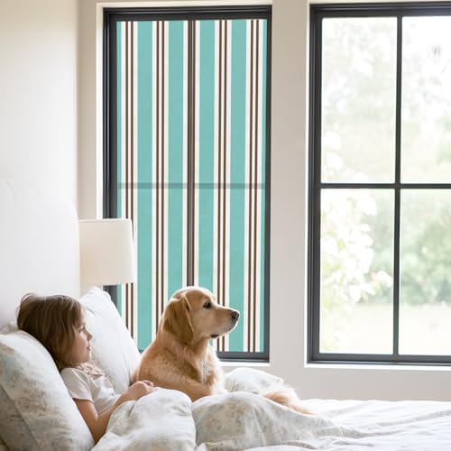 Window Privacy Film Frosted, Teal Brown Striped Static Cling Door Window Covering, Modern Farmhouse Vertical Stripes UV Blocking Windows Film for Office, Hotel, Bedroom, 29.5 x 78.7 Inches - Image 2