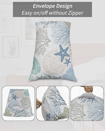 DecorLovee Coastal King Pillow Cases Set of 2 - Microfiber Bed Throw Pillow Covers, Blue Teal Coral Summer Beach Nautical Starfish Decorative Lumbar Pillow Cover with Envelope Closure for Sofa/Travel - Image 7