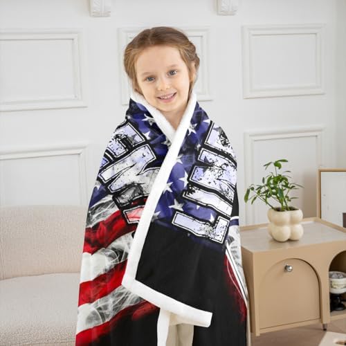 Erosebridal Lineman Throw Blanket American Flag Sherpa Blanket Red and Blue Grunge Stripes Fuzzy Blanket Vintage USA Flag Fleece Blanket Electrician Lineman Bed Blanket Father's Day 90”x90” - Image 4