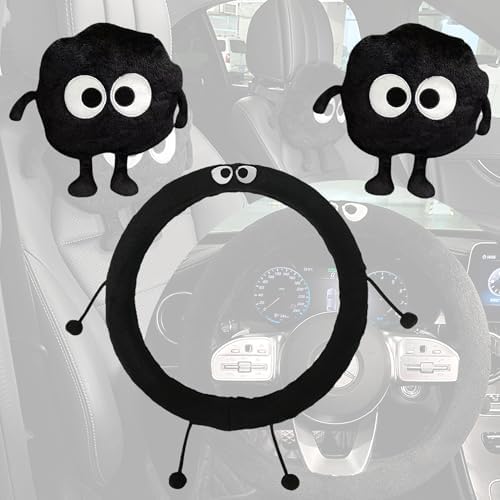 Car Headrest Pillow & Steering Wheel Cover Set with Cute Big-Eyed Furball Travel Neck Support Pillow Fur Car Interior Accessory (Black 3Pcs Set) by Unknown