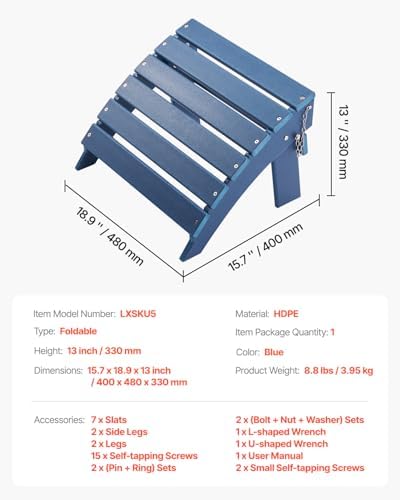VEVOR Adirondack Ottoman, 15.7L x 18.9W x 13H Inch HDPE Plastic Folding Adirondack Ottoman, Weather-Resistant Foot Rest for Adirondack Chair, Widely Used for Outside Porch Pool Lawn Backyard, Blue - Image 7