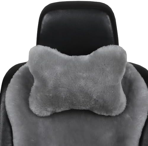 Fluffy Car Headrest Pillow Furry Long Wool Lumbar Auto Head Neck Support Pillow Cushion Natural Luxury Fur Warm Soft Comfort Winter (Gray, Shearling Wool) - Image 2