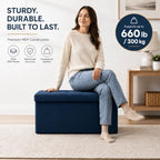 ALASDO 30 Inch Folding Storage Ottoman Bench with Hidden Storage, Velvet Storage Ottoman Foot Rest Stool, End of Bed Bench for Bedroom, Living Room, Entryway and Closet, Navy Blue - Image 4