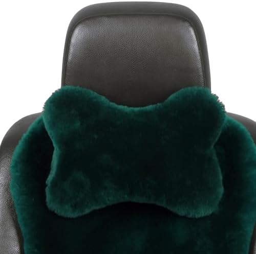 Fluffy Car Headrest Pillow Furry Long Wool Lumbar Auto Head Neck Support Pillow Cushion Natural Luxury Fur Warm Soft Comfort Winter (Dark Green, Shearling Wool) - Image 2