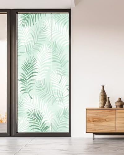 Window Privacy Film Frosted, Light Green Botanical Non-Adhesive Static Cling Window Tint, Summer Palm Leaves Foliage Tropical Insulated Windows Frosted Films for Living Room, 35.4 x 78.7 Inches - Image 5