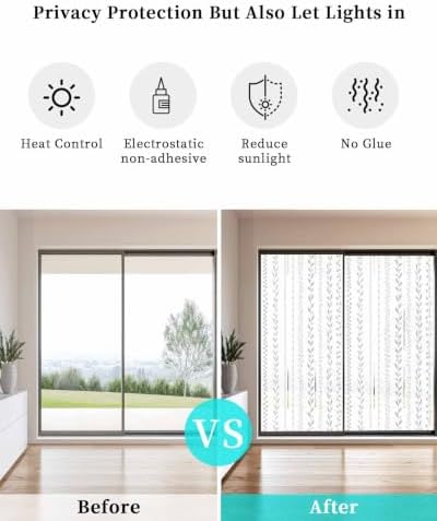 Window Privacy Film Frosted, Modern Minimalist Non-Adhesive Static Cling Window Tint, Rustic Leaves Vertical Stripes Gray Insulated Windows Frosted Films for Living Room, 35.4 x 78.7 Inches - Image 6