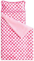 Wake In Cloud - Toddler Nap Mat with Pillow and Minky Fleece Blanket, for Kids Boys Girls Ages 3 Plus in Daycare Preschool, Roll Up Sleeping Bag, Gingham Grid Checkered, Hot Pink White, Standard by WakeInCloud