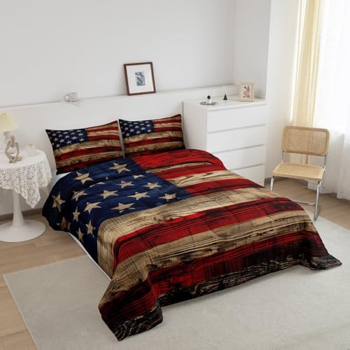 Castle Fairy American Flag Quilt Set Full Size, Brown Wooden Board Country Retro Farmhouse Natural Style Comforter Set for Girls Teens Bedroom Present, Microfiber Bedding Set with 2 Pillowcases - Image 5