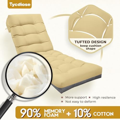 Outdoor Lounge Chair Cushion, Waterproof Replacement Chaise Lounge Cushions for Outdoor Furniture Thickened 71 x 22 x 4.7 Inches Non-Slip Patio Pool Lounge Chair Cushions with Ties (Khaki) - Image 5