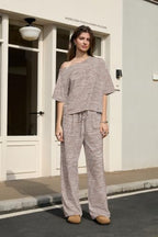 Ythomm Striped Pajama Sets Womens Two Piece Lounge Outfits Short Sleeve Off Shoulder Shirts Drawstring Pants Matching Pj Sets - Image 2