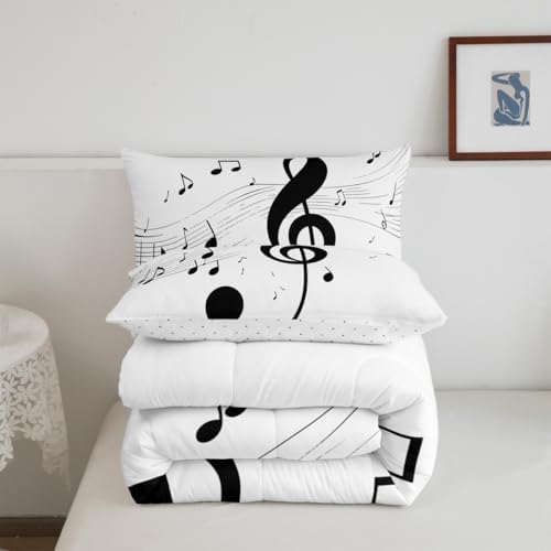 Erosebridal Girls Musical Notes Down Comforter, Kids Musical Staves Pattern Comforter Set King Size, Music Theme Hip Hop Bedding Set for Boys Teens Women, Modern Simple Quilted Duvet, Black White - Image 6