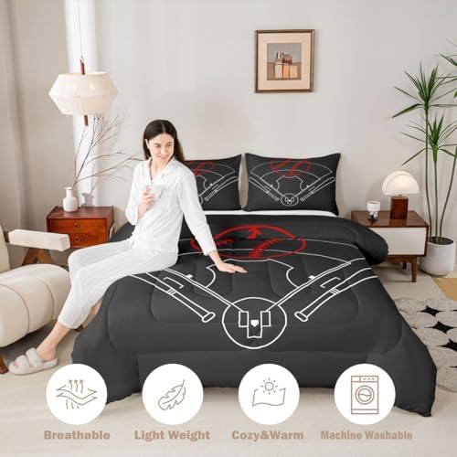 Baseball Field Print Comforter Set Twin Size,Boys Ball Sports Games Themed Quilt Set for Kids Boys Bedroom Collection,Red Baseball Bat Sporting Equipment Soft Bedding Set with 1 Pillowcase - Image 5