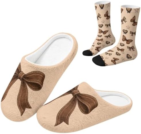 Jeiento Winter Fuzzy Slipper and Crew Socks for Women,Adult Slip-on Close Toe House Slipper,Flat Comfort home Slides by Jeiento