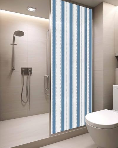 Window Privacy Film Frosted, Blue Striped Static Cling Door Window Covering, Farmhouse Vertical Stripes Geometric UV Blocking Windows Film for Office, Hotel, Bedroom, 29.5 x 78.7 Inches - Image 3