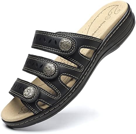 Women's Comfort Leather Slides Lightweight Flat Sandals Cute Slip On Casual Walking Slippers by Hueneph