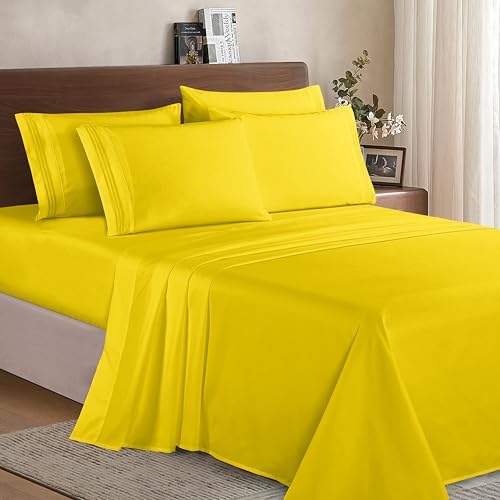 Elegant Comfort Luxury Soft 1500 Premium Hotel Quality Microfiber Wrinkle and Fade Resistant Cozy 6-Piece Bedding Set, Easy All Around Elastic Fitted Sheet, Deep Pocket, California King, Yellow - Image 2