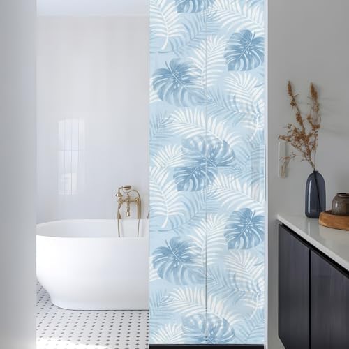 Window Privacy Film Frosted, Sky Blue Palm Trees Tropical Reusable Static Cling Window Tints, Summer Beach Botanical Heat Control Windows Films for Offices, Balcony, 29.5 x 118 Inches - Image 3