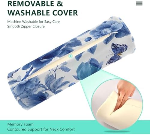 Blue White Flower Neck Roll Pillow Bolster Round Health Memory Foam Long Cervical Roll Cylinder Pillows with Removable Washable Cover for Body Bed Legs Back Yoga - Image 3