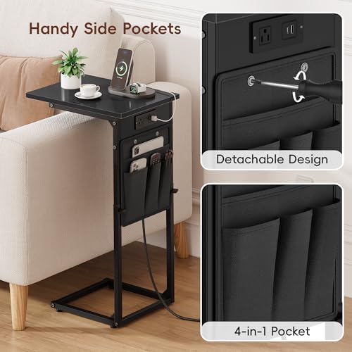 Vagusicc C-Shaped End Tables Set of 2 with Charging Station, 33'' Tall C Table Adjustable Height Side Table, Sofa Table for Couch, Couch Table that Slide Under Sofa, TV Trays for Living Room, Black - Image 6