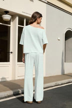 Ythomm Striped Pajama Sets Womens Two Piece Lounge Outfits Short Sleeve Off Shoulder Shirts Drawstring Pants Matching Pj Sets - Image 3