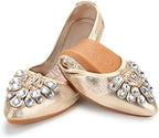 KUNWFNIX Women's Ballet Flats Foldable Classic Crown Rhinestone Slip On Bowknot PU Leather Faux Suede Pointed Toe Comfort Flat Casual Dress Shoes by KUNWFNIX