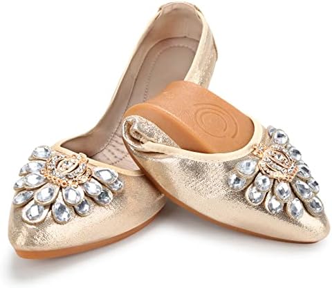 KUNWFNIX Women's Ballet Flats Foldable Classic Crown Rhinestone Slip On Bowknot PU Leather Faux Suede Pointed Toe Comfort Flat Casual Dress Shoes by KUNWFNIX