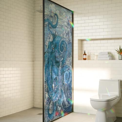 Ocean Blue Octopus Window Privacy Film Rainbow Static Cling Stain Glass Window Film for Glass Door, Decorative Heat Blocking Sunroof Decal Sticker for Car 29.5"x118" Nautical Castle Coastal Lighthouse by AMZRicher