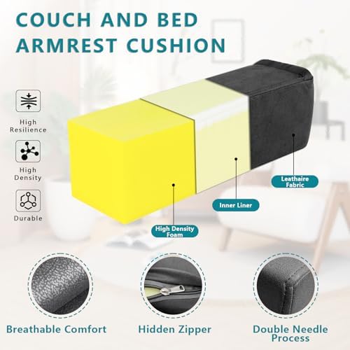 2 Pack Couch Arm Rest Pillow, 6''x6''x20'' Faux Leather Waterproof Cover, High Density Foam Armrest Cushion, Removable & Washable Elbow Support for Sofa, Bed, and Armchair (Black) - Image 2