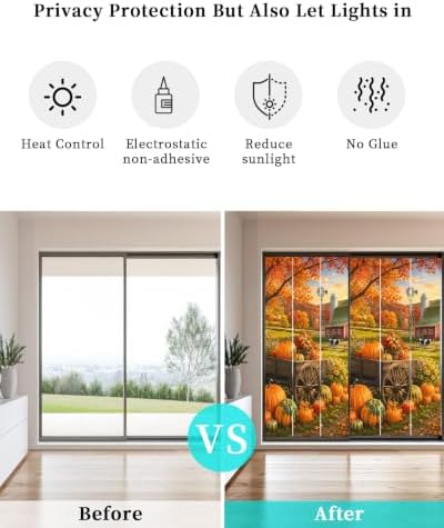 Window Privacy Film Frosted, Fall Pumpkins Static Cling Door Window Covering, Thanksgiving Farmhouse Harvest Maple Leaves UV Blocking Windows Film for Office, Hotel, Bedroom, 29.5 x 78.7 Inches - Image 6