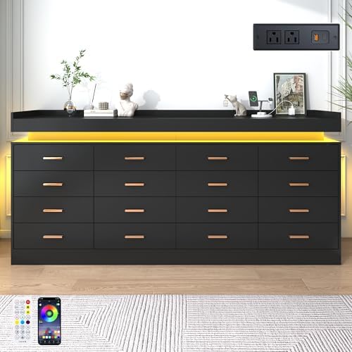 jiteentarou 16 Drawer Dresser with Charging Station and LED Lights, Modern Chest of Drawers with Power Outlet, Organizer Cabinet for Bedroom, Living Room, Entryway, Black - Image 3