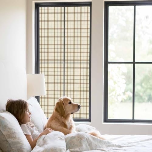 Window Privacy Film Frosted, Beige Brown Plaid Static Cling Door Window Covering, Vintage Farmhouse Checkered Rustic UV Blocking Windows Film for Office, Hotel, Bedroom, 29.5 x 78.7 Inches - Image 2