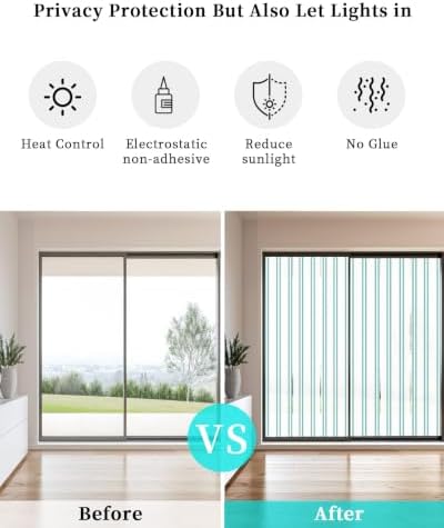 Window Privacy Film Frosted, Teal Green Lines Static Cling Door Window Covering, Modern Vertical Striped Vintage Minimalist UV Blocking Windows Film for Office, Hotel, Bedroom, 29.5 x 78.7 Inches - Image 6