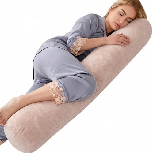 1 MIDDLE ONE Body Pillow for Adults, Bolster Pillow with Removable Velour Cover, Long Round Roll Cylinder Pillow for Bed, 47" x 7.87", Dusty Pink by 1MIDDLEONE