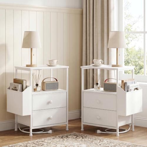 MALOL Night Stands for Bedrooms Set of 2 with Charging Station, White by MALOL