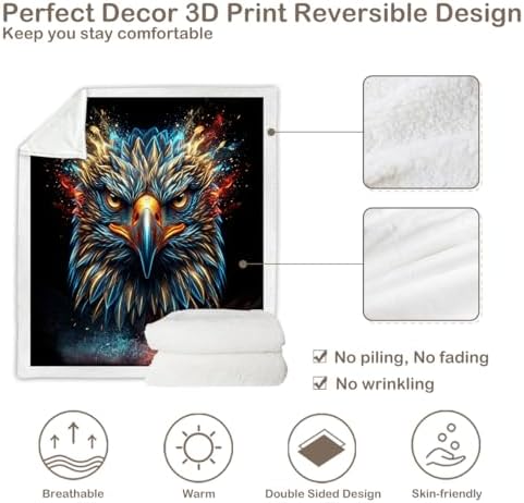 Eagle Sherpa Blanket Neon Animal Print Throw Blanket for Men Soft Warm Cozy 60x80 Inches Sharp Vision Design Gamer Room Bedroom Decor Focus Gift for Birthday Housewarming Anniversary - Image 7