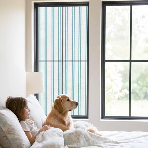 Window Privacy Film Frosted, Teal Blue Stripes Static Cling Door Window Covering, Modern Vertical Striped Minimalist UV Blocking Windows Film for Office, Hotel, Bedroom, 29.5 x 78.7 Inches - Image 2