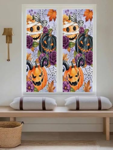 Window Privacy Film Frosted, Pumpkins Halloween Reusable Static Cling Window Tints, Black Horror Purple Floral Vintage Heat Control Windows Films for Offices, Balcony, 29.5 x 118 Inches - Image 5