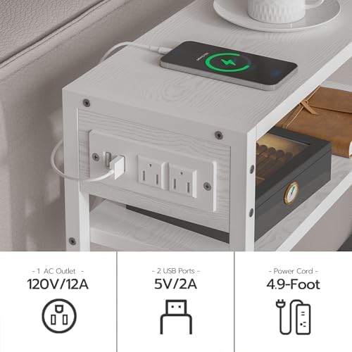 Leomonio White Side Table with Charging Station, Slim End Tables with Linen Basket, Skinny Table for Small Spaces, Thin Bedside Table for Living Room, Bedroom - Image 6