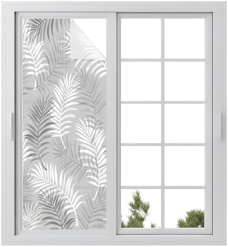 Window Privacy Film Frosted, Grey Botanical Static Cling Door Window Covering, Summer Palm Leaves Foliage Tropical UV Blocking Windows Film for Office, Hotel, Bedroom, 29.5 x 78.7 Inches by Unknown