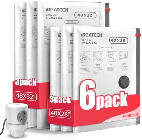 IDEATECH 6Pack Vacuum Storage Bags with Electric Pump, Jumbo Vacuum Seal Bags for Clothing, Bedding & Blankets, Heavy Duty Compression Space Saver with Airtight Seal, Small Space Storage Pack-3L+3XL by IDEATECH