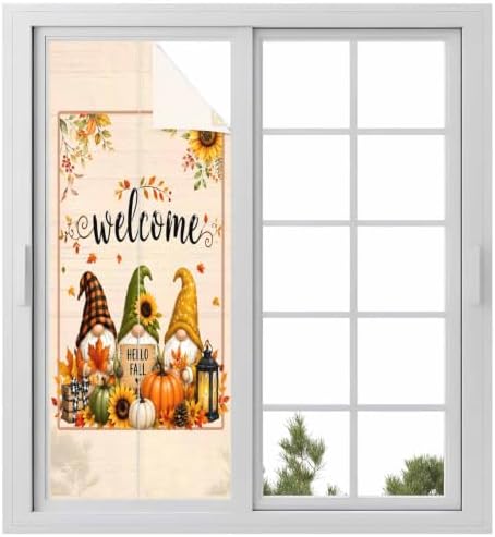 Window Privacy Film Frosted, Thanksgiving Static Cling Door Window Covering, Fall Gnomes Pumpkin Maple Leaf Sunflowers UV Blocking Windows Film for Office, Hotel, Bedroom, 29.5 x 78.7 Inches by Unknown