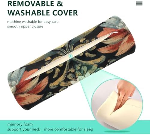 Boho Water Lily Flower Black Neck Roll Pillow Bolster Round Health Memory Foam Long Cervical Cylinder Pillows with Removable Washable Cover for Body Bed Legs Back Yoga - Image 4