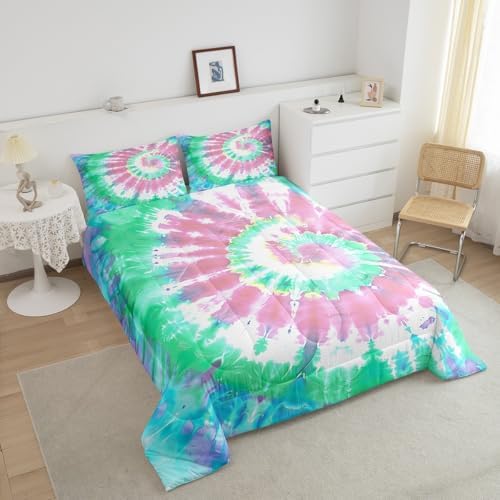 Tie Dye Comforter Set, Girls Boho Psychedelic Pink Down Comforter Twin Size, Bohemian Gypsy Watercolor Duvet Insert for Kids Boys Teens, Exotic Spiral Quilted Duvet Comfy Decorative Room, Teal Blue - Image 4