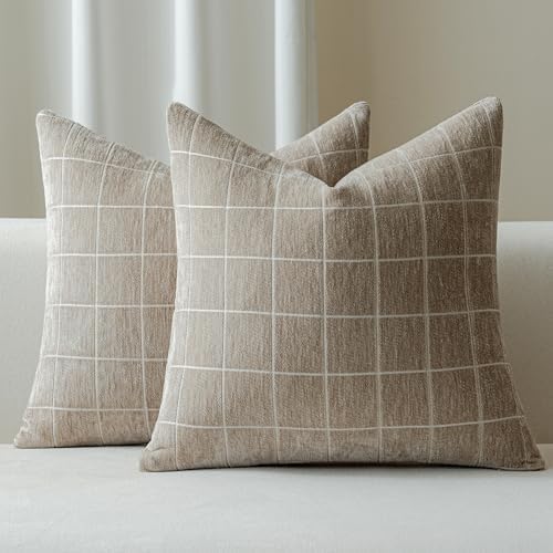Decorative Chenille Plaid Boho Throw Pillow Covers Oatmeal 26x26 Set of 2 by Unknown