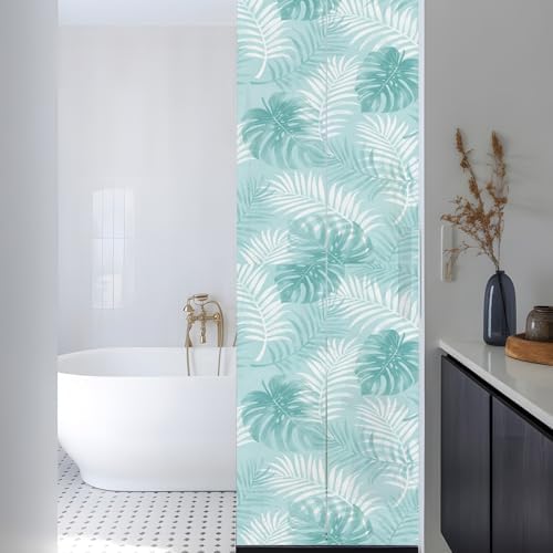 Window Privacy Film Frosted, Teal Green Palm Trees Tropical Reusable Static Cling Window Tints, Summer Beach Botanical Heat Control Windows Films for Offices, Balcony, 29.5 x 118 Inches - Image 3