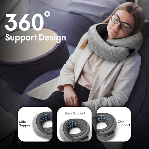 Travel Neck Pillow 100% Memory Foam, Ergonomic 360° Support Pillow for Flights, Car, Office & Train, Breathable Travel Essentials for Adults & Kids, Neck Pain Relief, (GREY) - Image 2