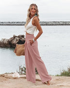 Angerella Womens Elastic High Waisted Palazzo Pants Casual Wide Leg Long Lounge Pant Trousers with Pocket - Image 3