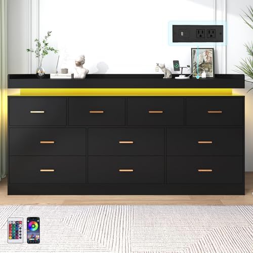 jiteentarou 10 Drawer Dresser with Charging Station and LED Lights, Modern Chest of Drawers with Power Outlet, Organizer Cabinet for, Living Room, Entryway, Black - Image 4